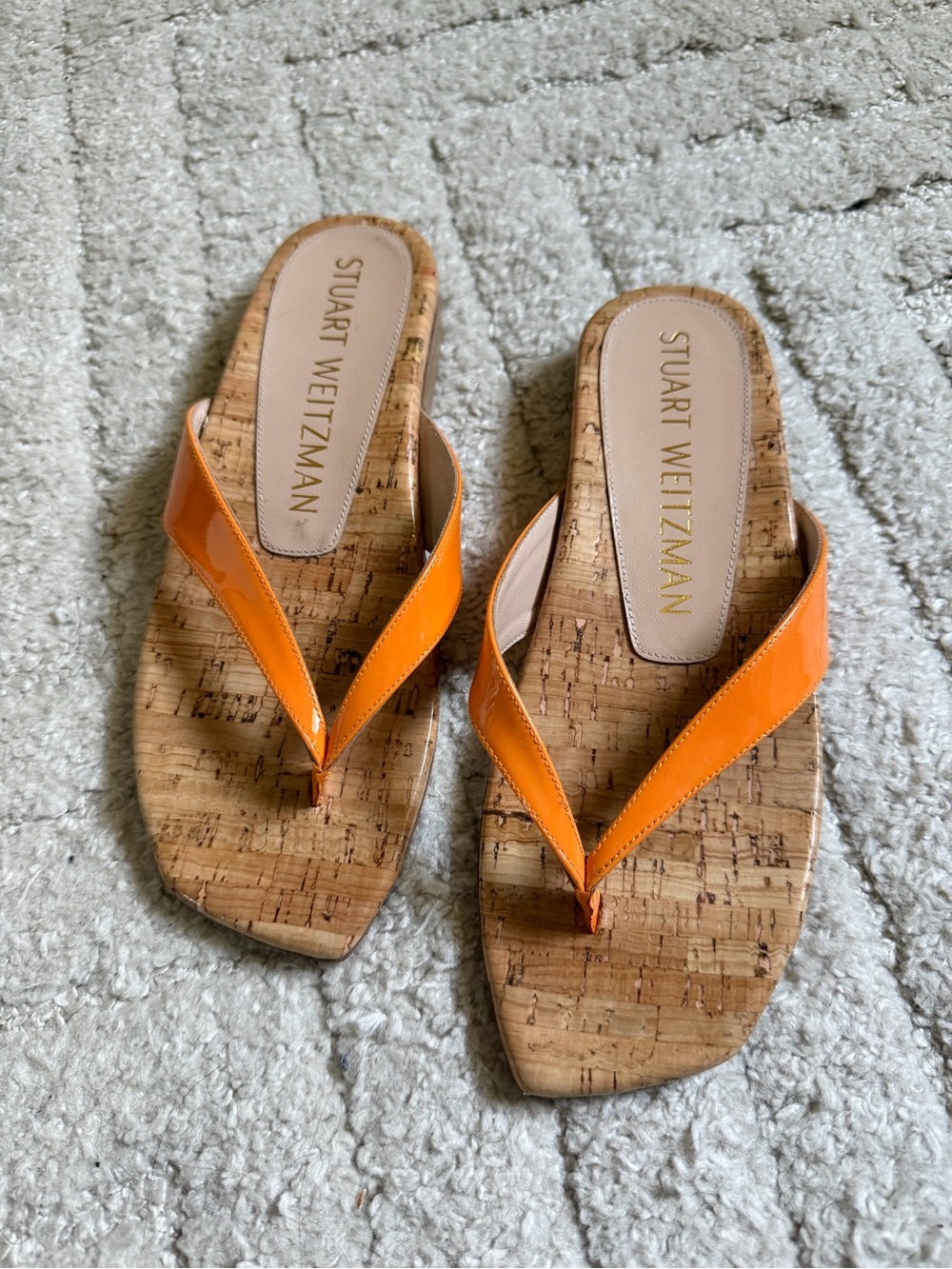 Stuart Weitzman Orange Patent Cork Flip Flops